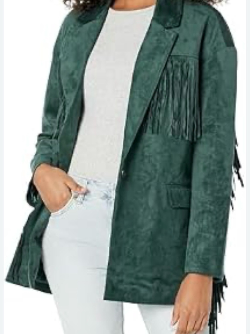 Blank NYC x Free People Faux Suede Fringe Jacket Deep Green Boho Blazer Medium